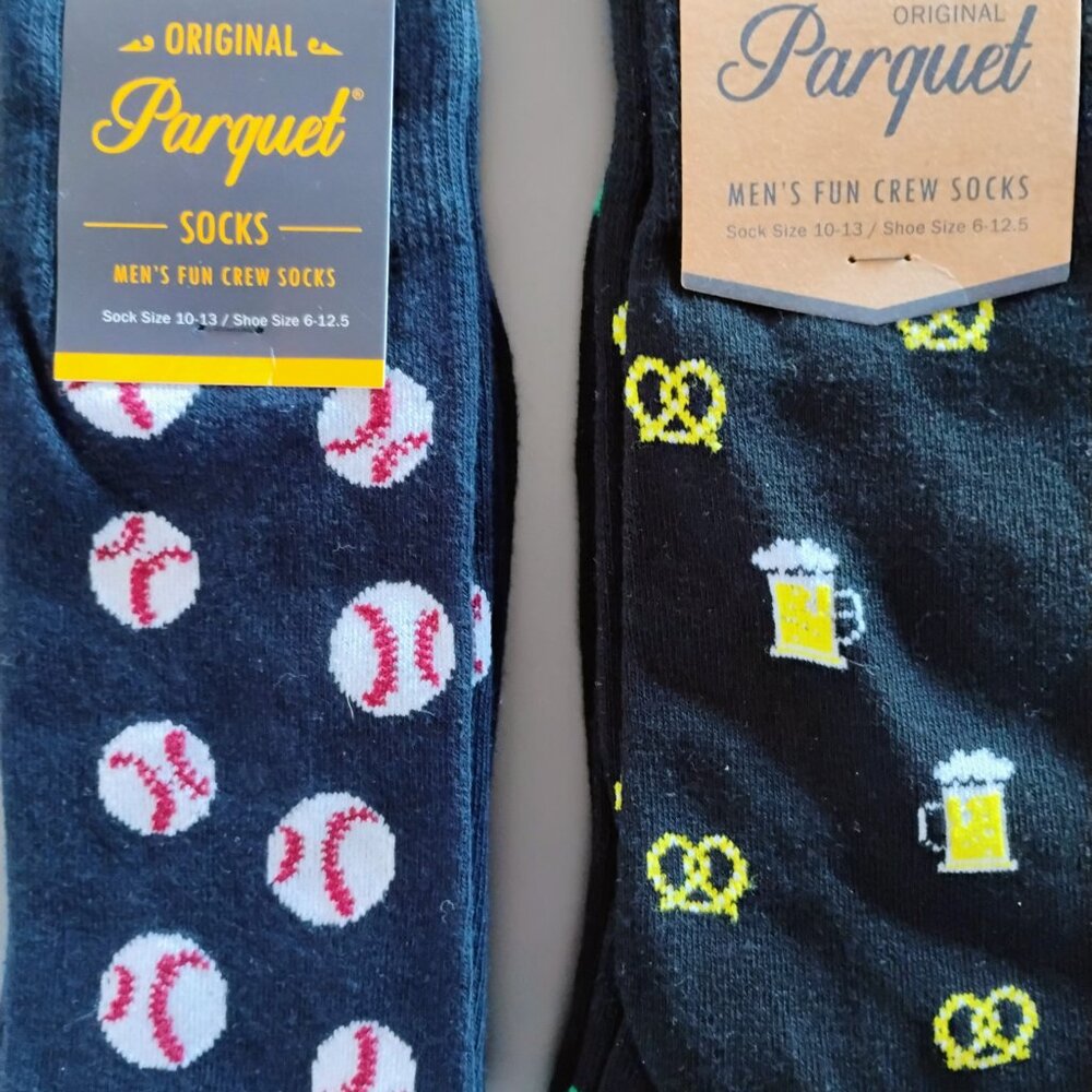 Lot of 2 Pairs of Men's Parquet Socks Beer & Base Balls New  Shoe Size 6-12.5